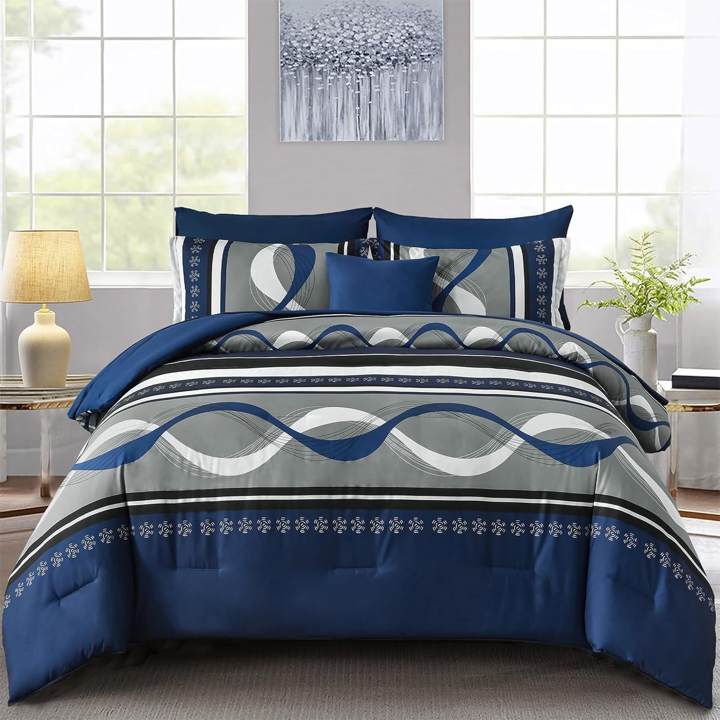 Anibedding Navy Blue Comforter Set Queen Size for All Seasons