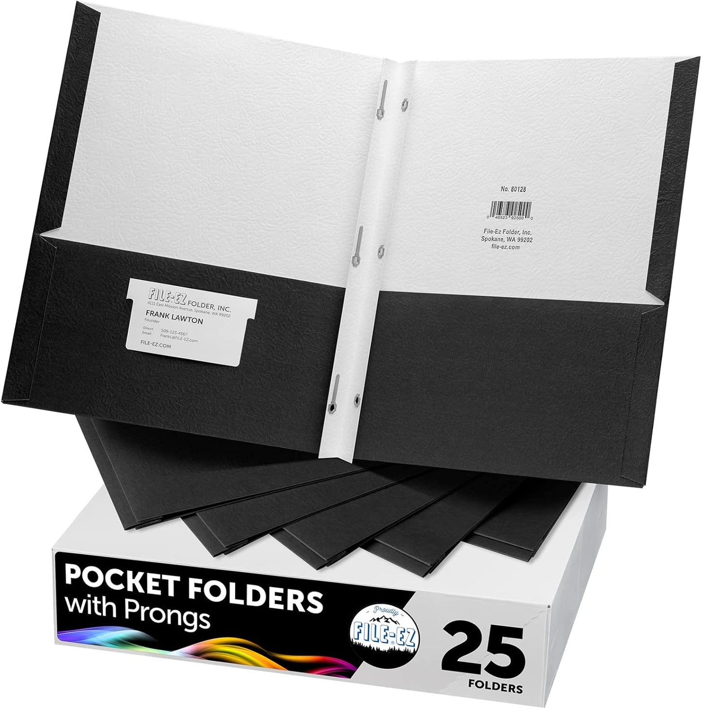FILE-EZ Two-Pocket Folders with 3-Prong Fasteners, Black