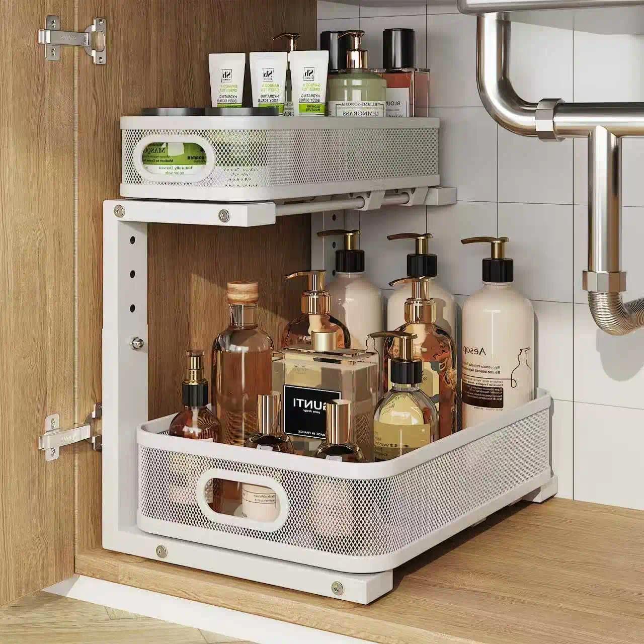 Under Sink Organizer with Smooth Cylindrical Rail for Storage