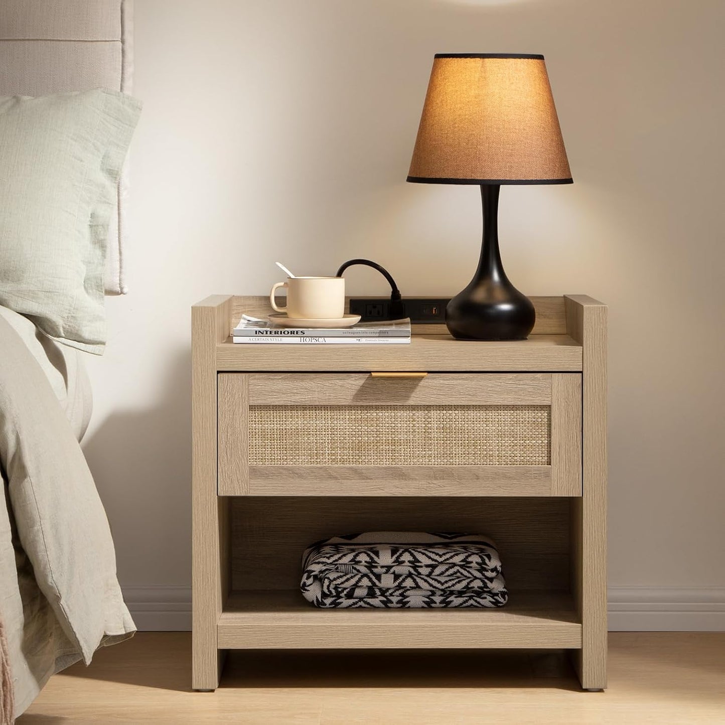 SICOTAS Rattan Nightstand with Charging Station for Bedroom