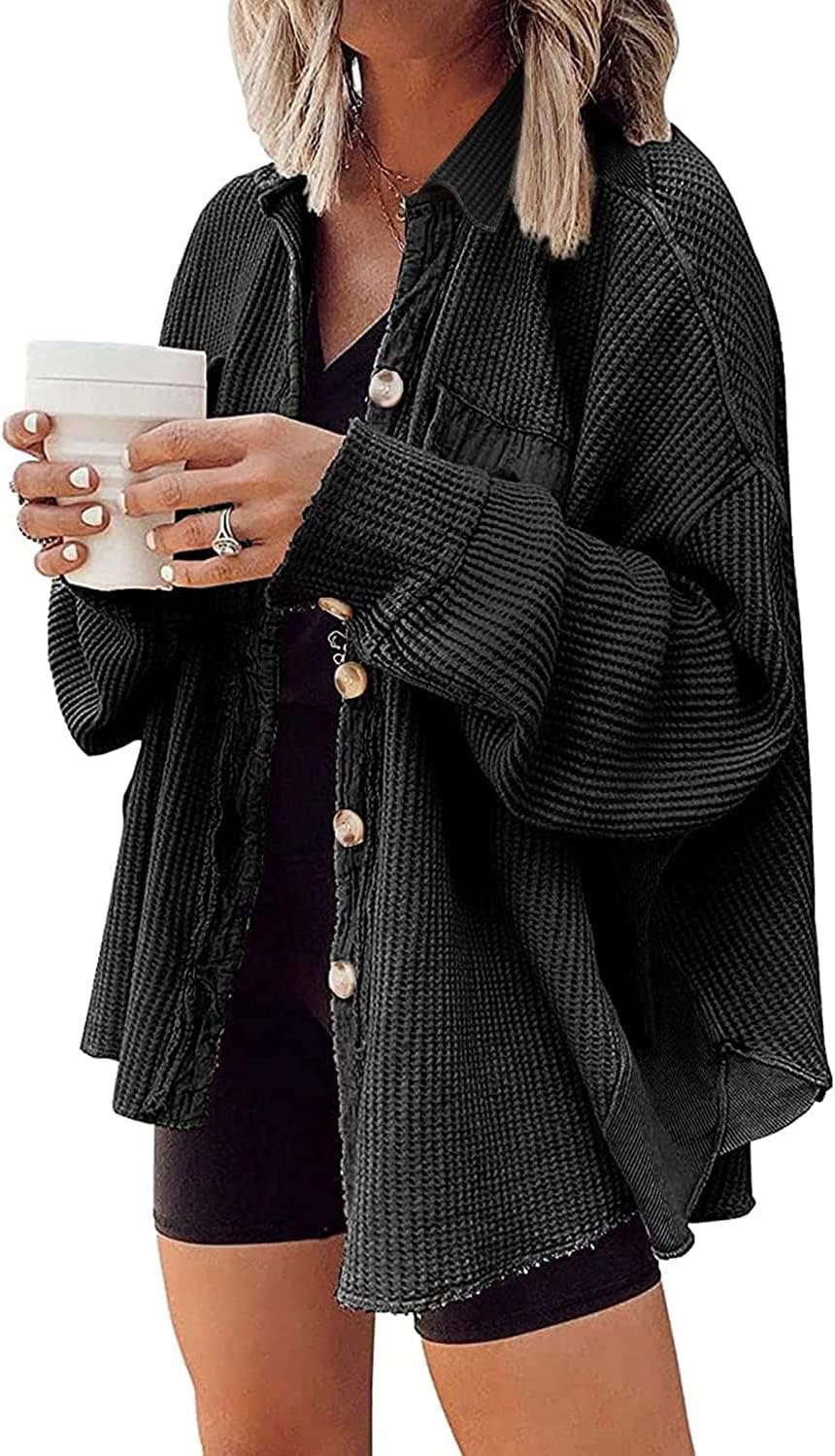 Waffle Knit Shacket for Women - Lightweight Oversized Button Down