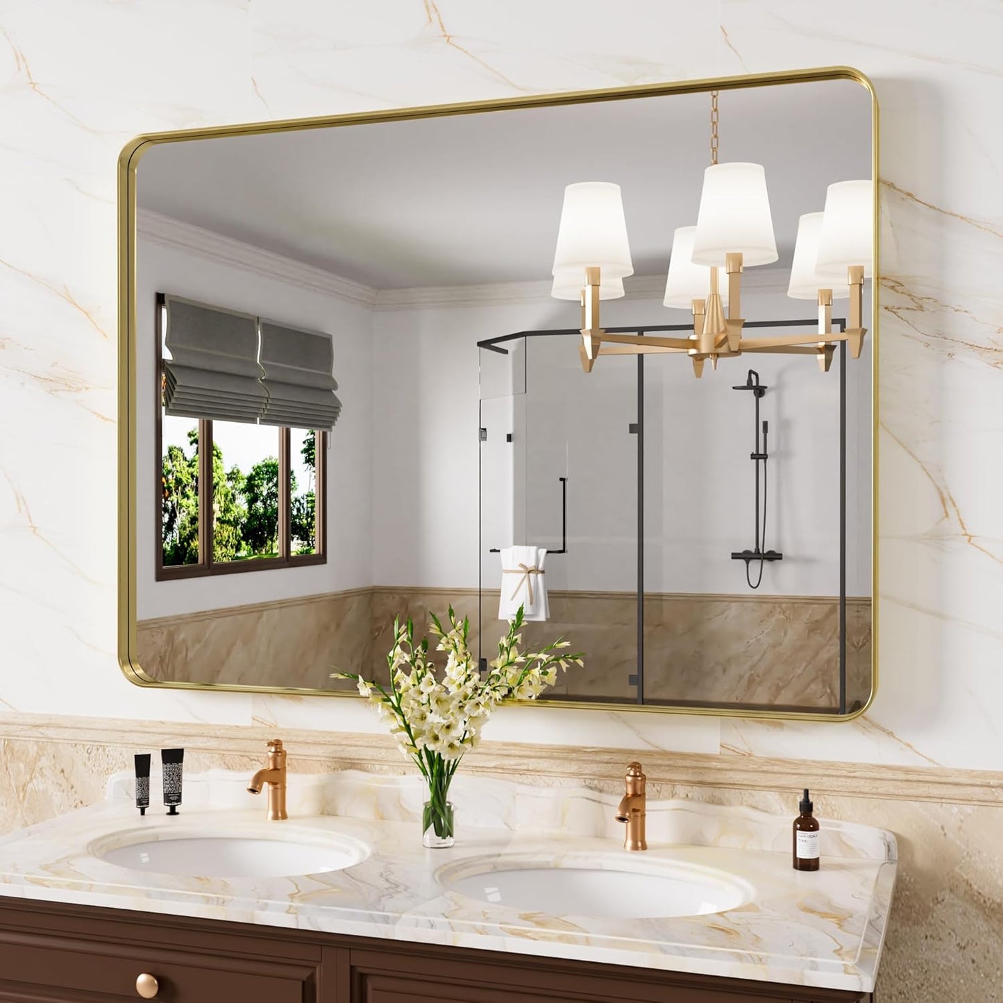 Gold Bathroom Mirror with Brushed Metal Frame for Elegance