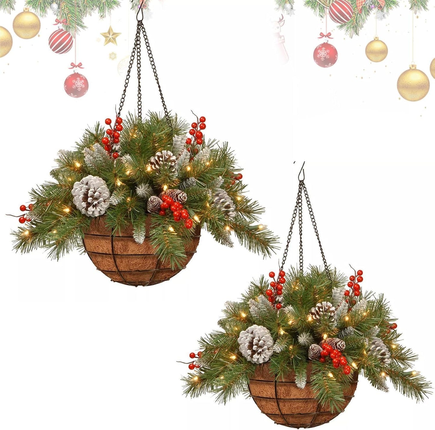 Pre-Lit Artificial Christmas Hanging Basket for Outdoor Decor