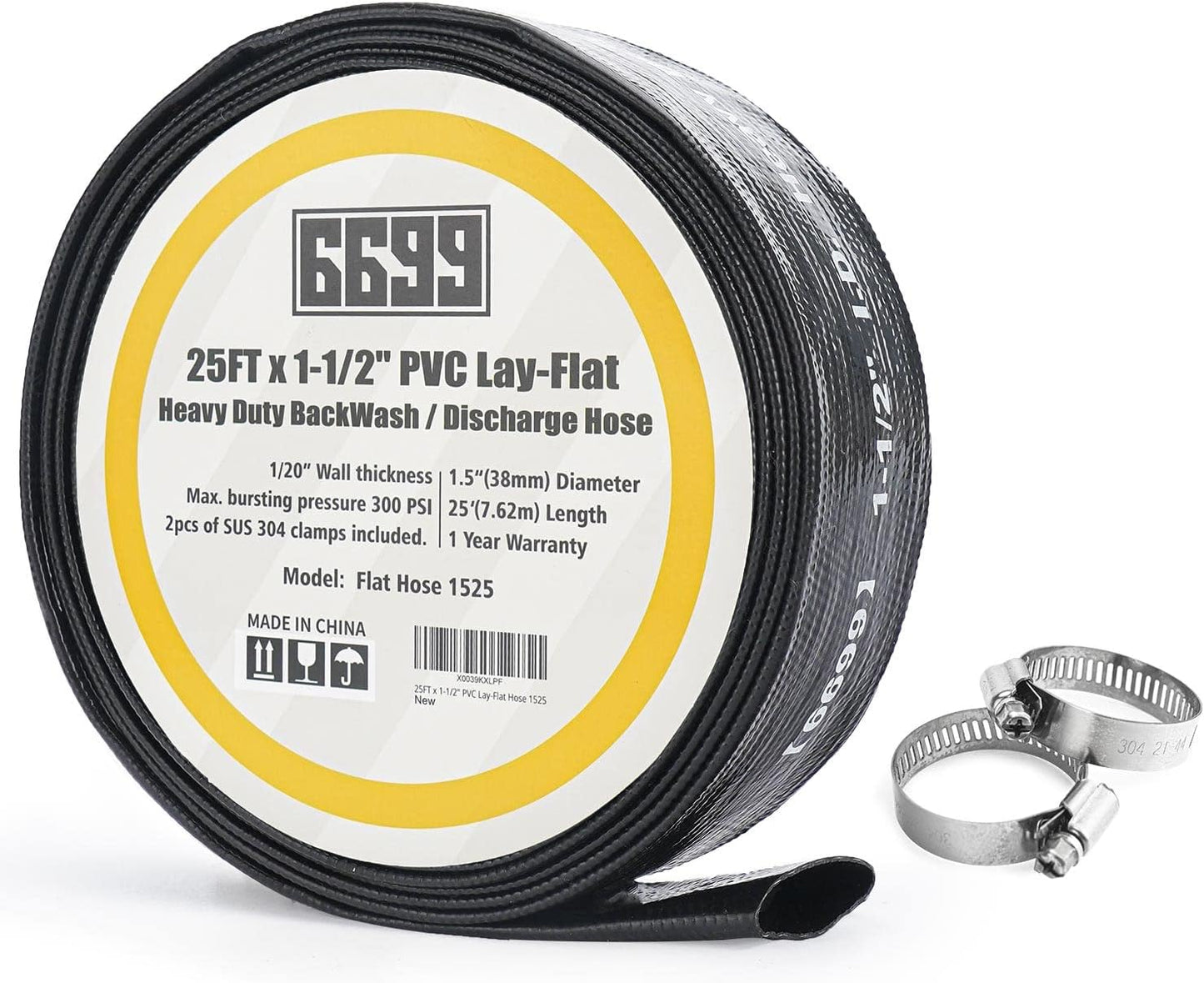 Water Discharge Hose 1-1/2 ID PVC Lay Flat 25FT Heavy Duty