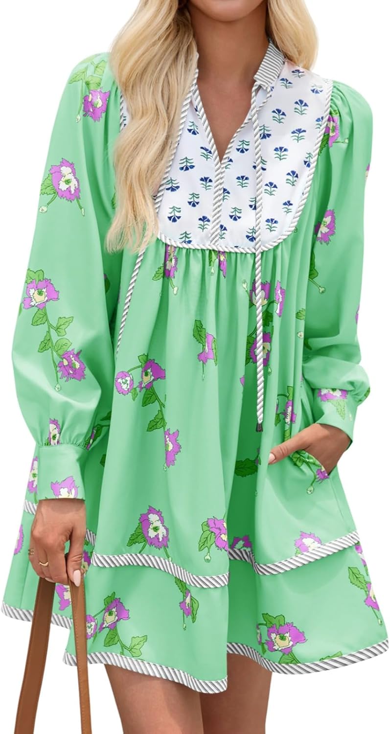 Womens Casual Floral Mini Dress for Fall with Long Sleeves