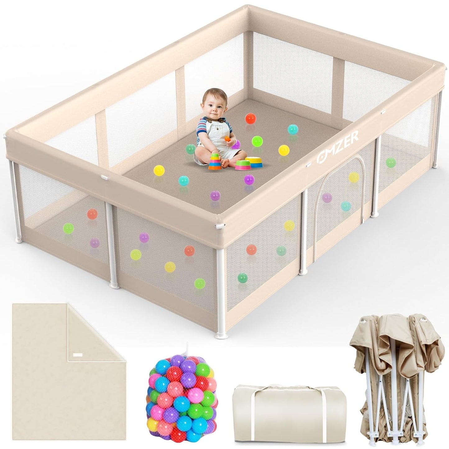 Omzer Foldable Baby Playpen 74in x 50in - Portable Safety Fence