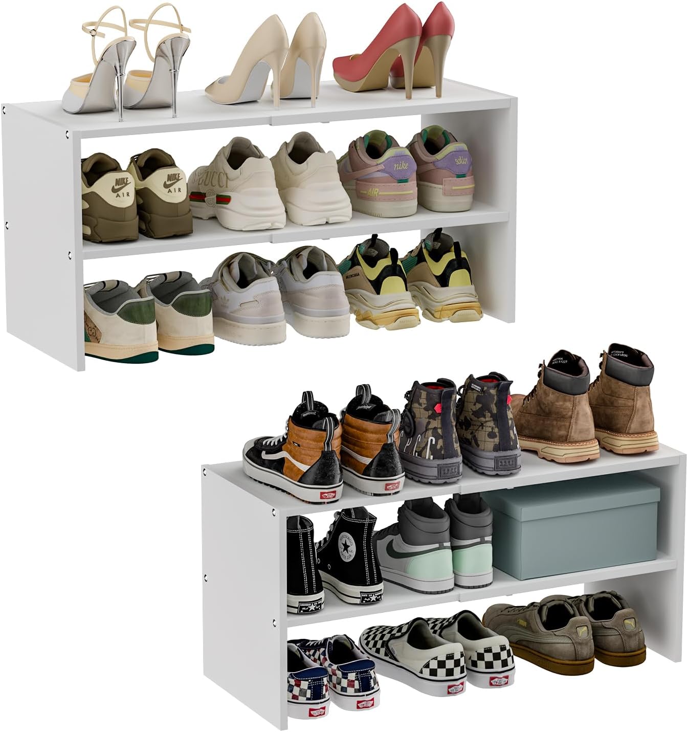 2 Pack White Shoe Rack for Closet - Expandable Small Shoe Shelf