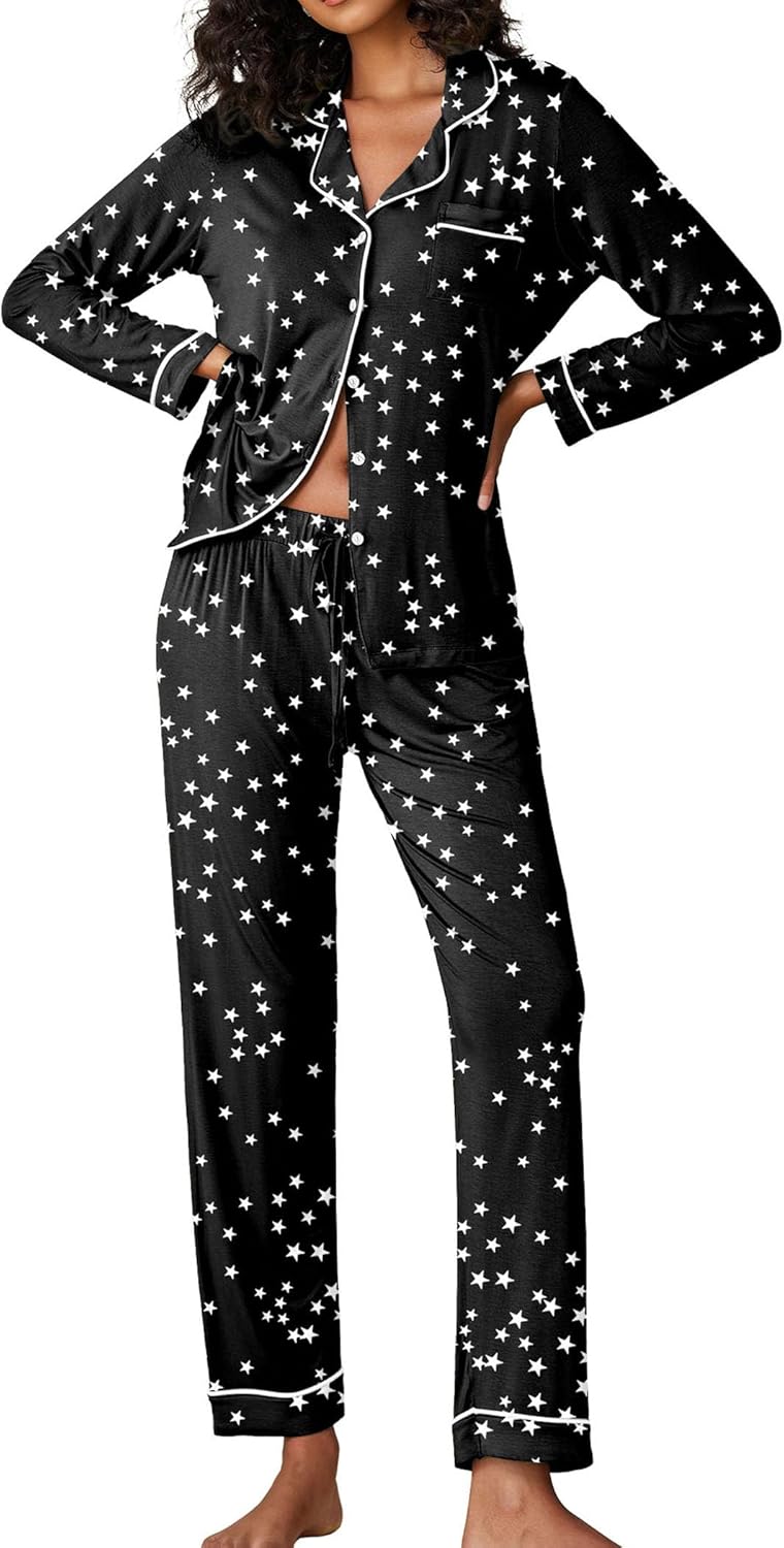 Ekouaer Pajamas Women's Long Sleeve Sleepwear Soft Button Down Set