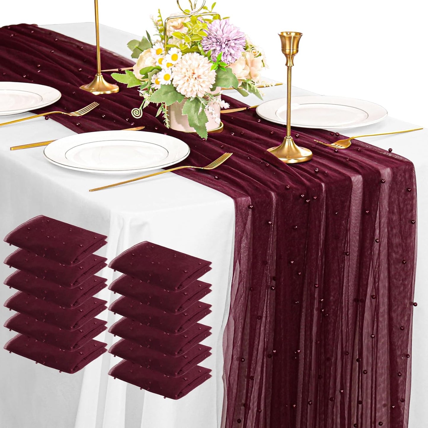 12 Pack 10FT Burgundy Pearl Table Runner by Fivenl