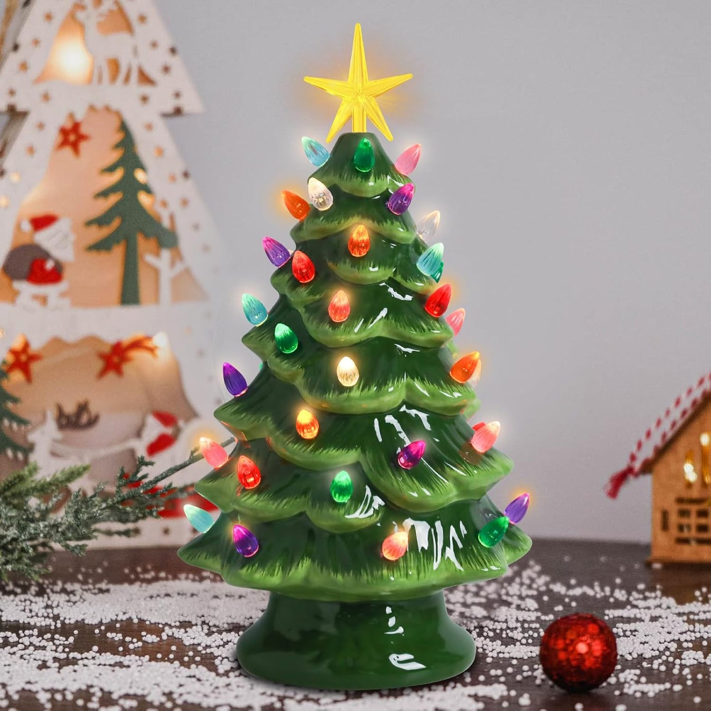 VCUTEKA Small Ceramic Christmas Tree Hand-Painted Vintage Decor