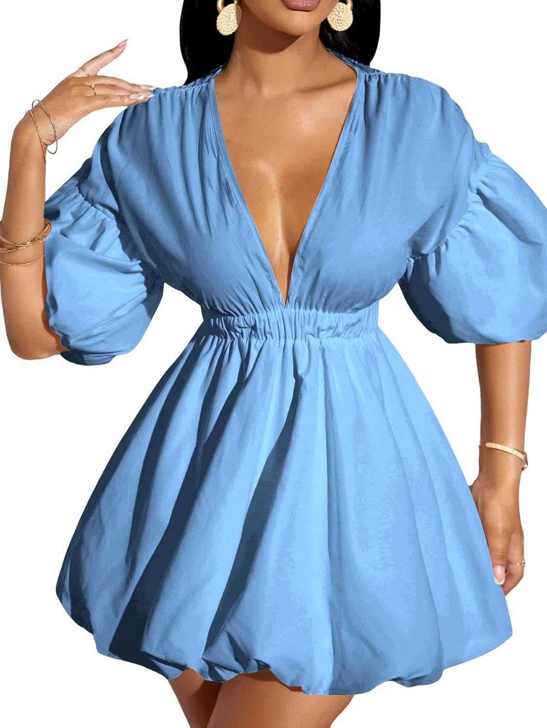 WDIRARA Women's Deep V Neck Puff Sleeve Flare Dress for Summer