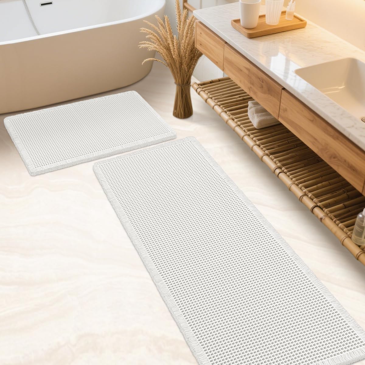 Waffle Bath Mat Set 2 Piece White, Soft Washable Boho Rugs