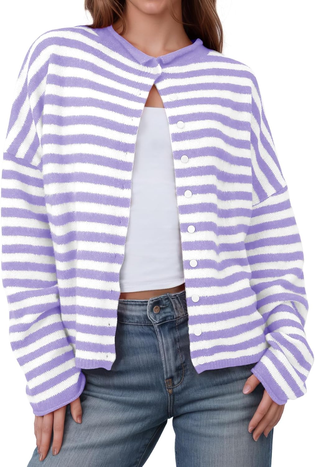 Saodimallsu Womens Striped Cardigan Lightweight Fall Sweater