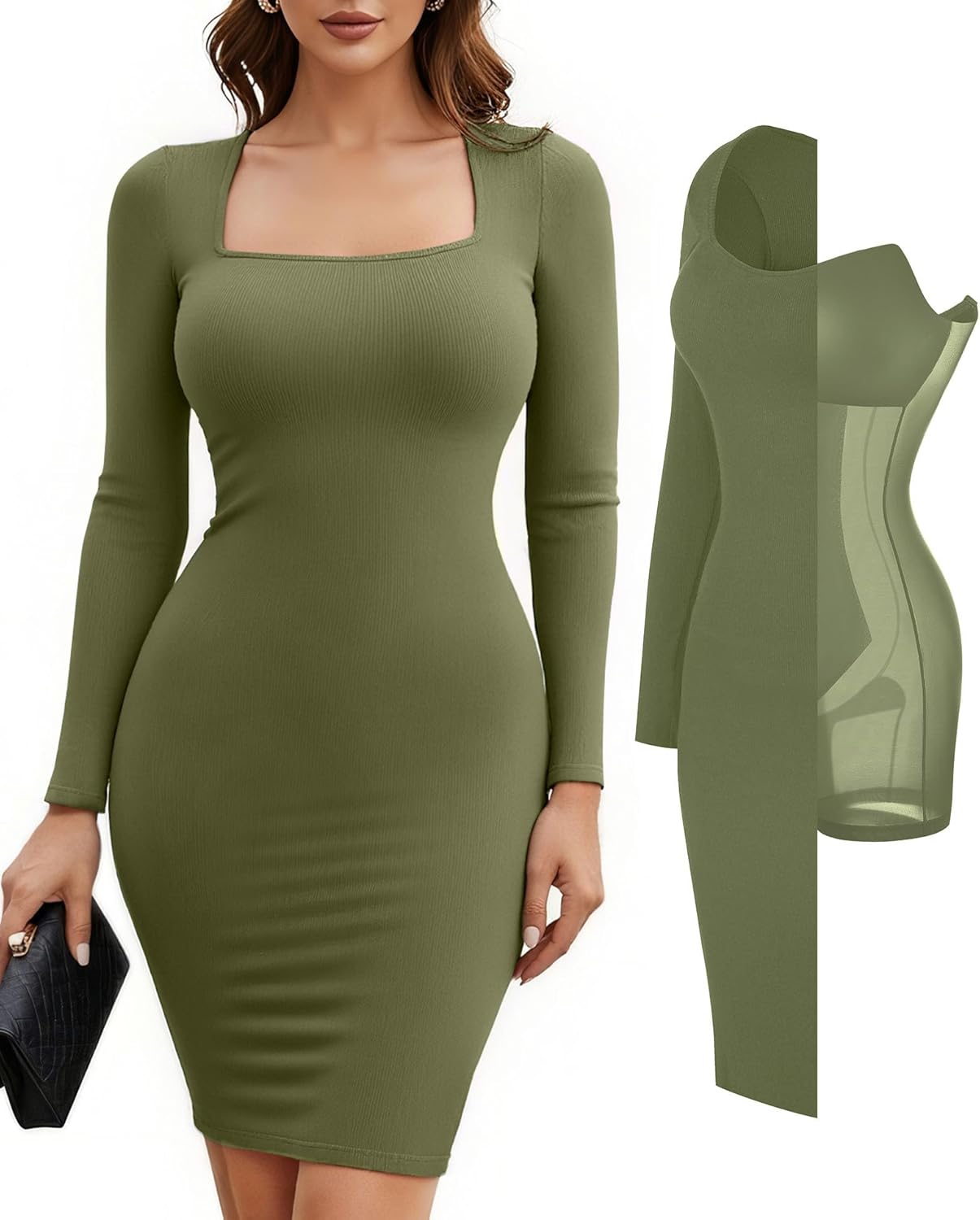Popilush Long Sleeve Midi Bodycon Dress with Tummy Control