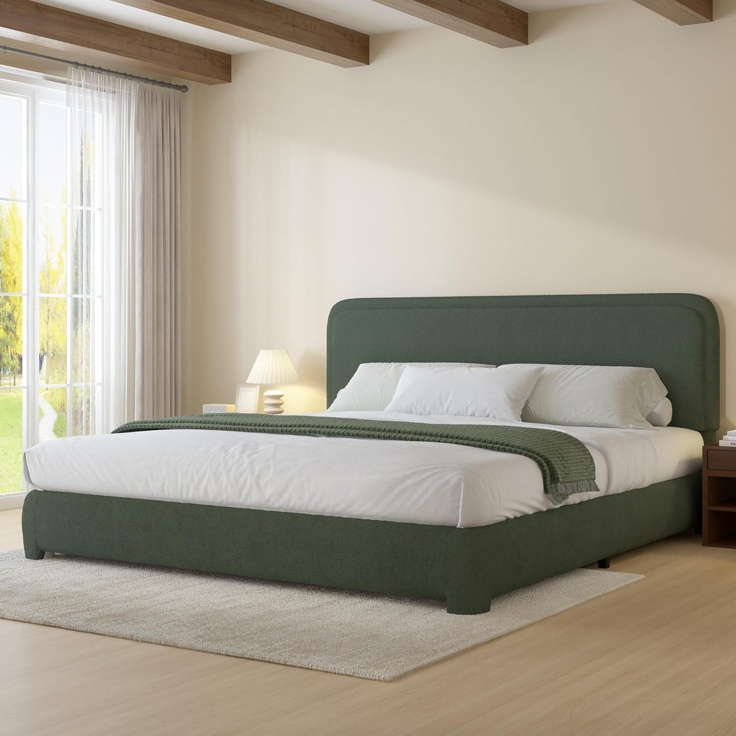 King Bed Frame with Headboard in Soft Boucle Fabric for Comfort
