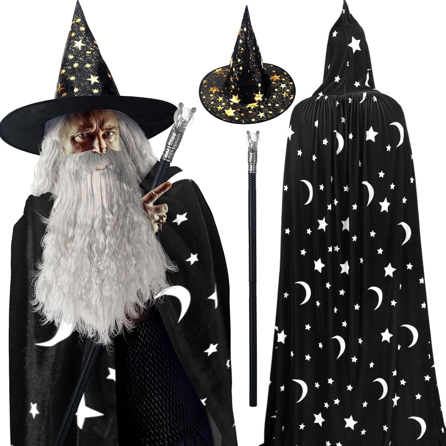 Hicarer 4 Pcs Halloween Wizard Costume Set for Magical Fun
