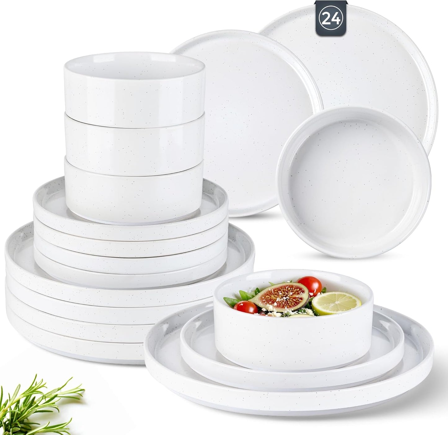Dinnerware Set for 8, 24 Piece Speckled Plates and Bowls Set