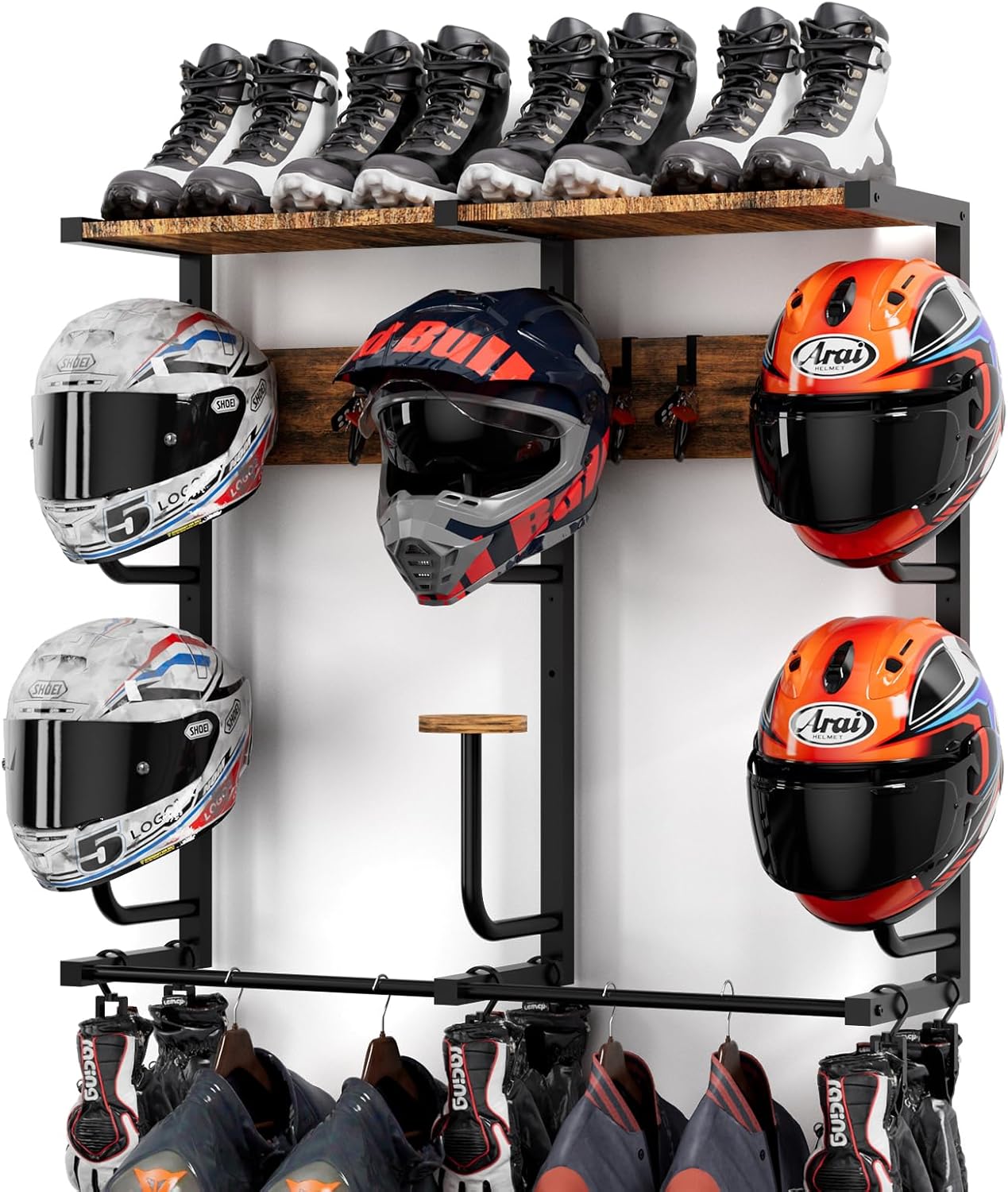 Motorcycle Helmet Rack with J-hooks for Organized Gear Storage