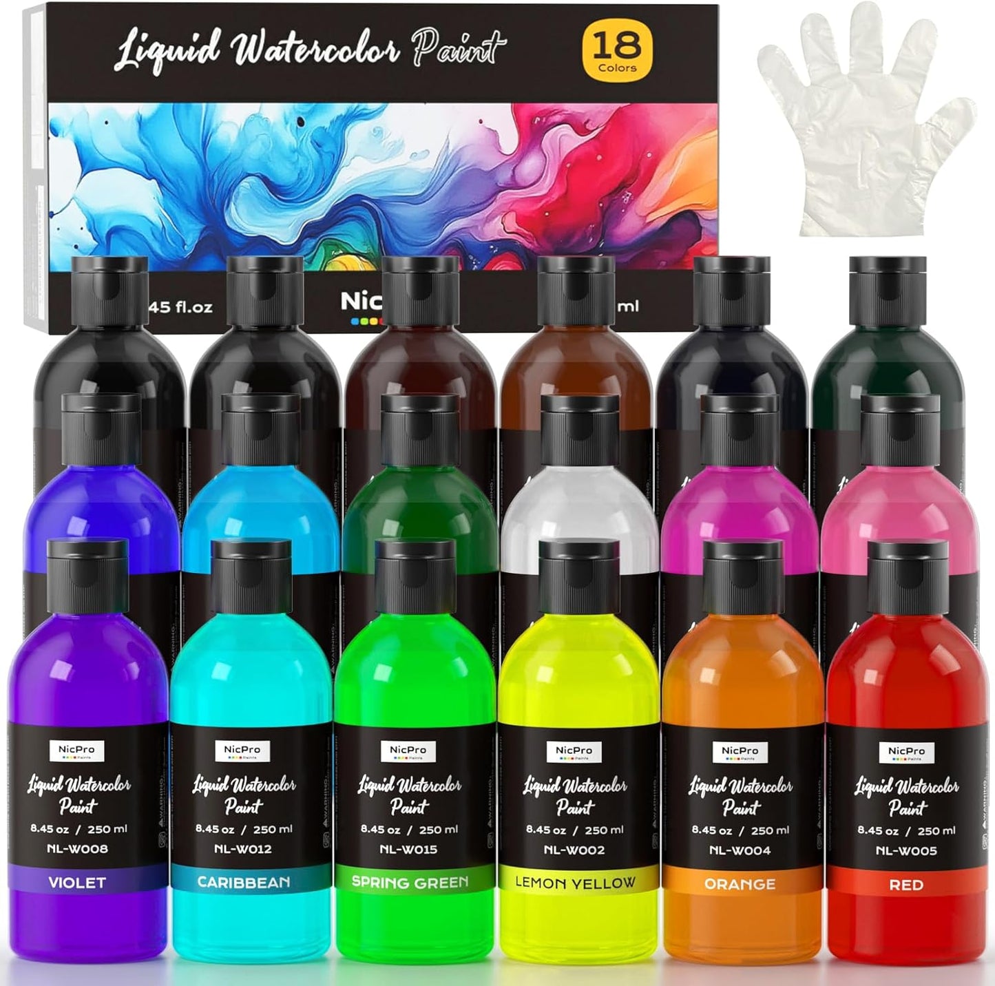 Nicpro 18 Colors Liquid Watercolor Paint Set for Creative Projects