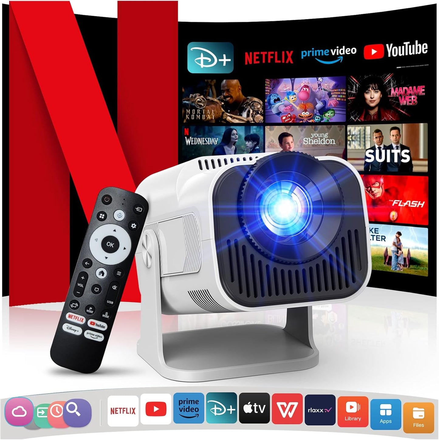 Portable 4K Smart Projector - Built-in Netflix - White