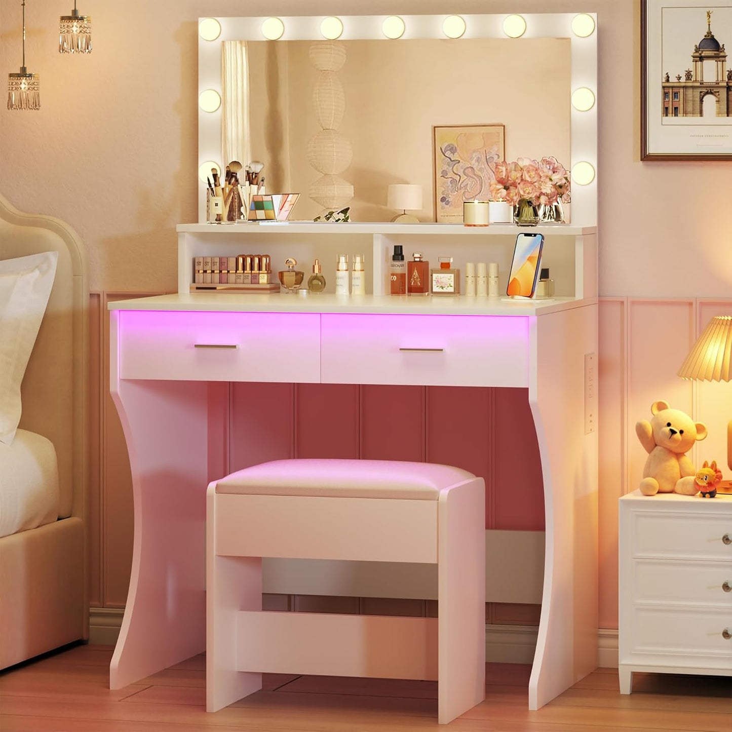 Small Vanity Desk with Mirror and RGB Lights for Makeup