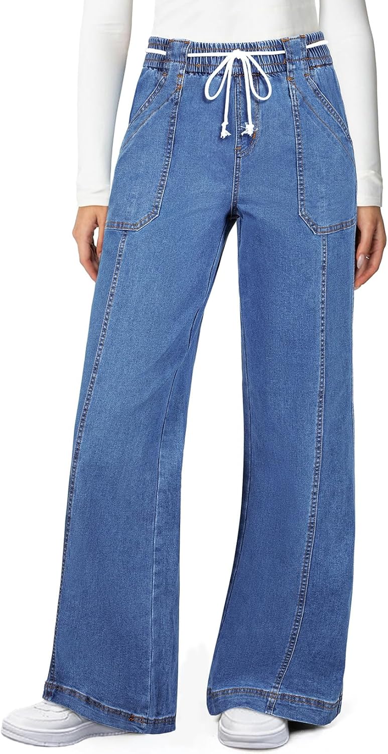 Astylish Wide Leg Drawstring High Waisted Stretchy Jeans for Women
