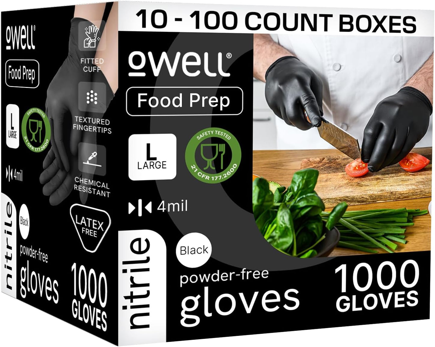 OWELL Black Nitrile Gloves - Food Safe Disposable 4 Mil Gloves