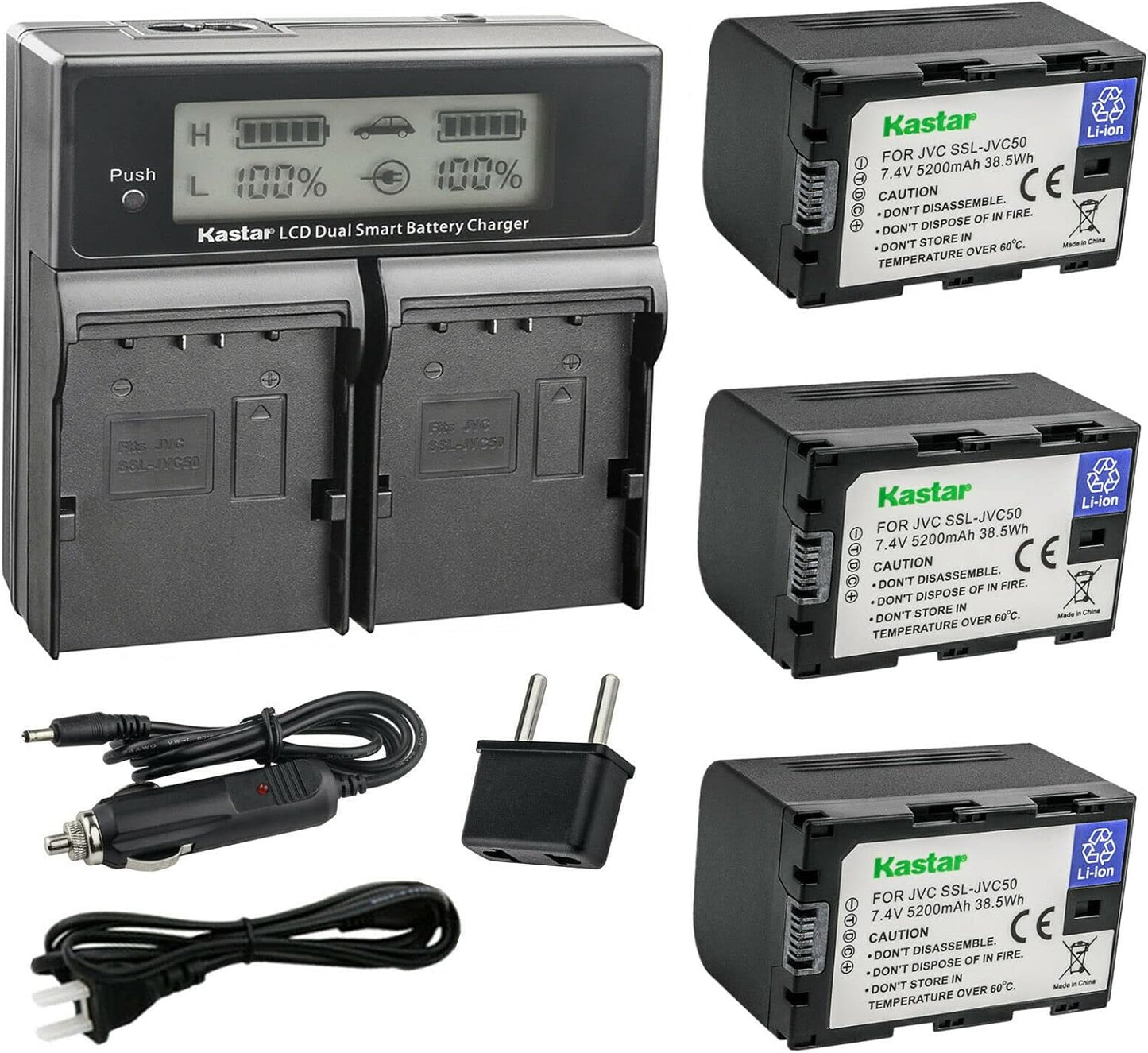 Kastar 3-Pack SSL-JVC50 Battery and Dual Fast Charger for JVC Cameras
