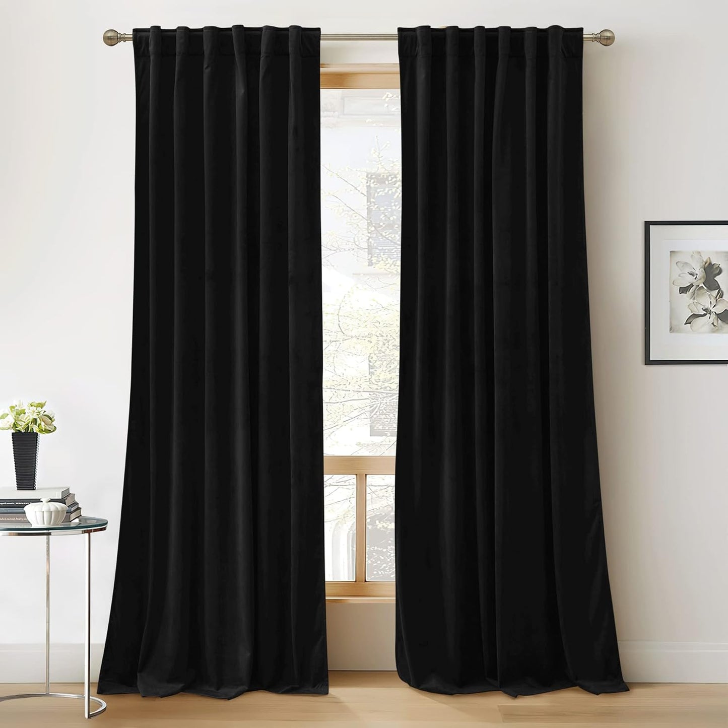 RYB Home Black Velvet Curtains - Luxury Blackout Panels 90 in