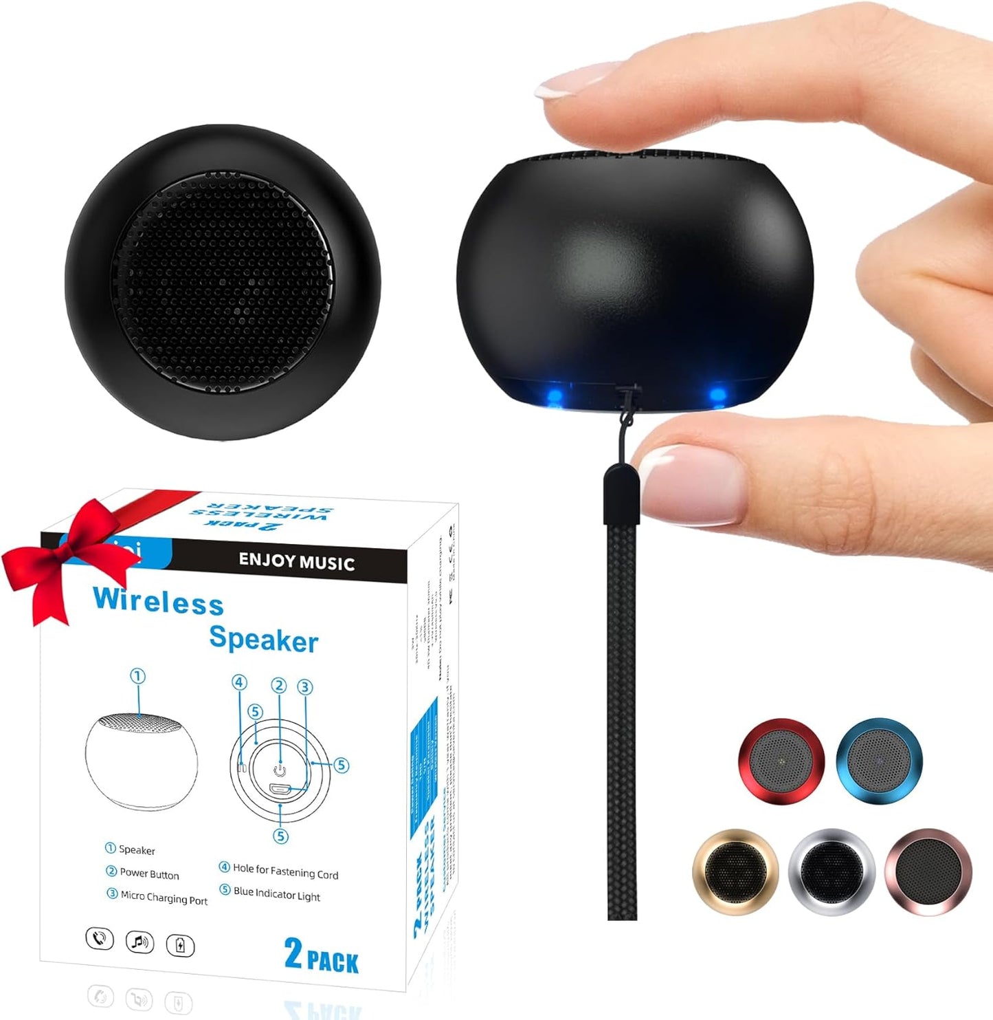 Wireless Mini Speaker with Strap - Rechargeable, Microphone, Black