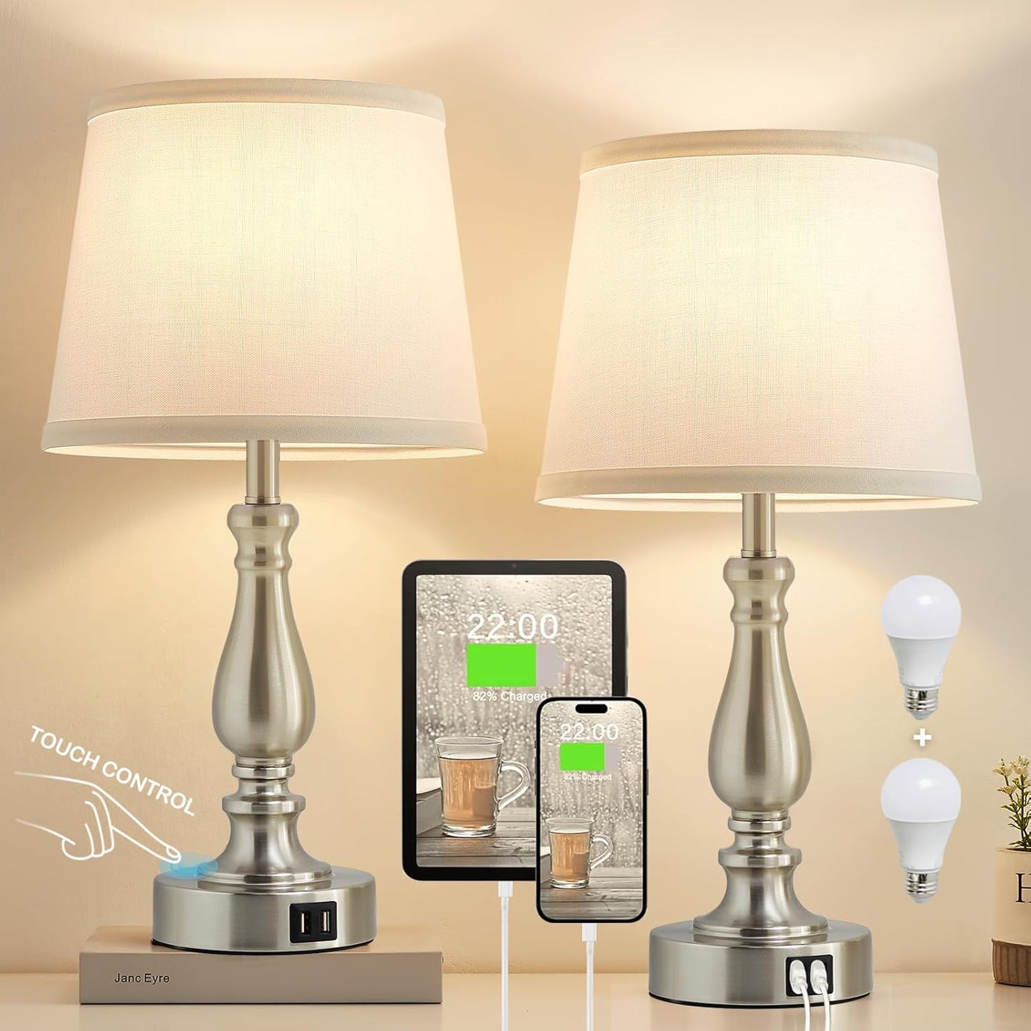 Touch Bedside Lamps Set of 2 with USB Ports for Modern Homes