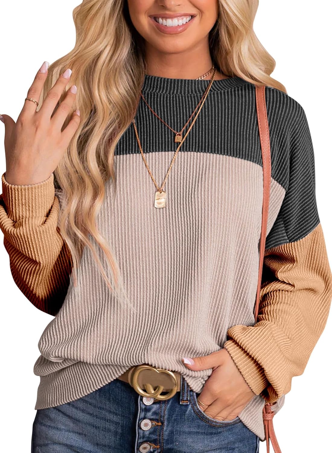 Dokotoo Womens Fashion Color Block Long Sleeve Pullover Tops