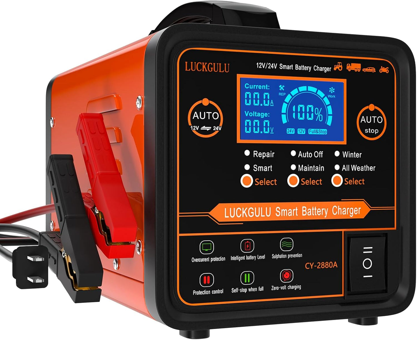 LUCKGULU Smart Car Battery Charger w/ Auto Shutoffs & Repair