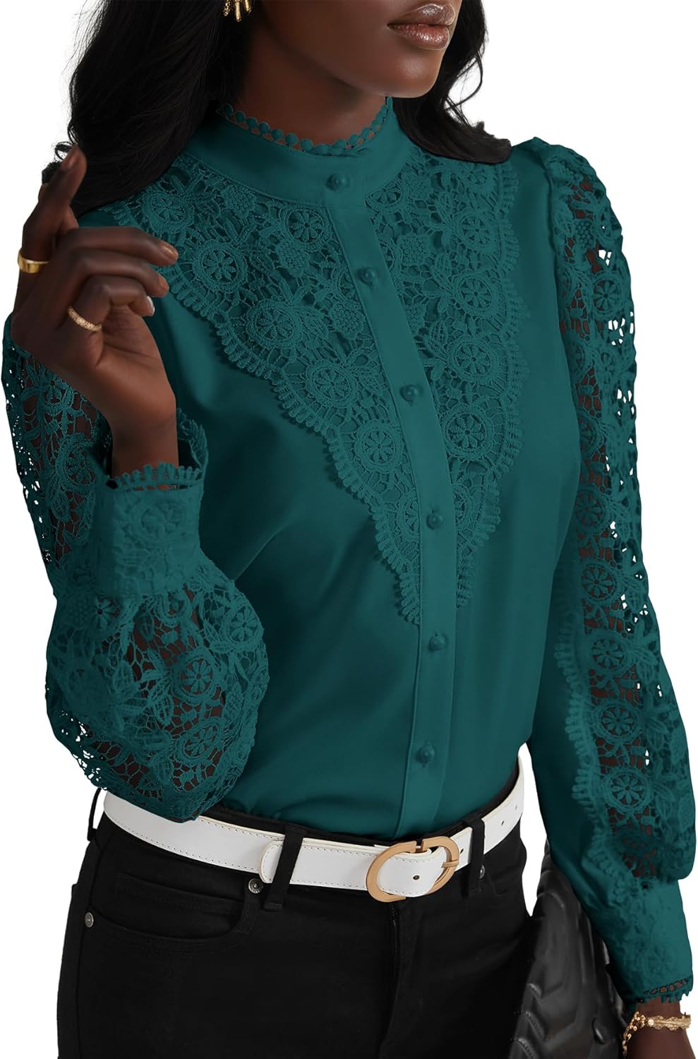 Elegant Women's Lace Crochet Mock Neck Long Sleeve Blouse Top