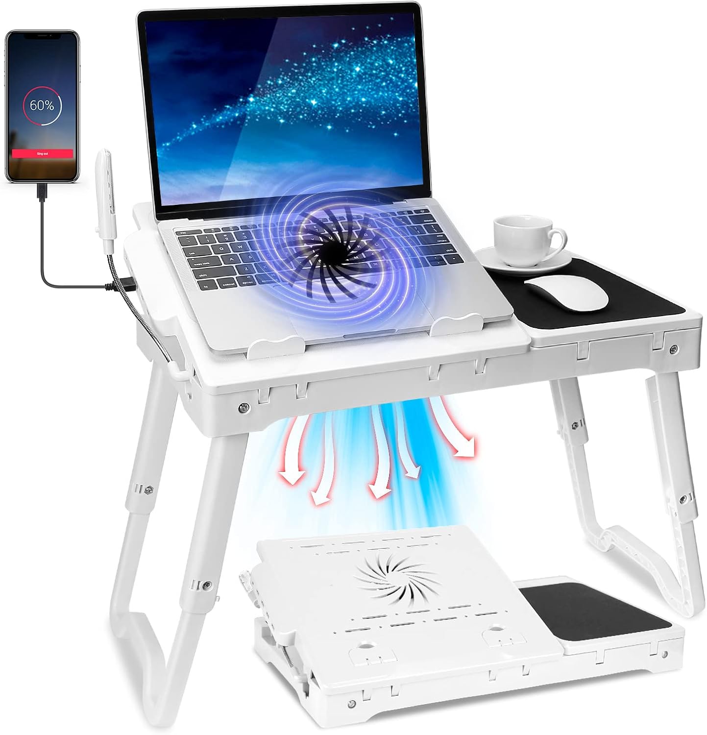 Adjustable Laptop Desk for Bed with USB Ports and Cooling Fan