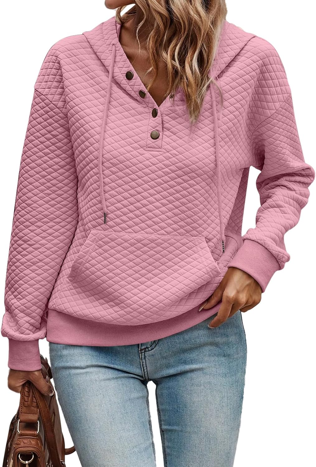 SHEWIN Women's Casual Long Sleeve Quilted Hoodie Sweatshirt