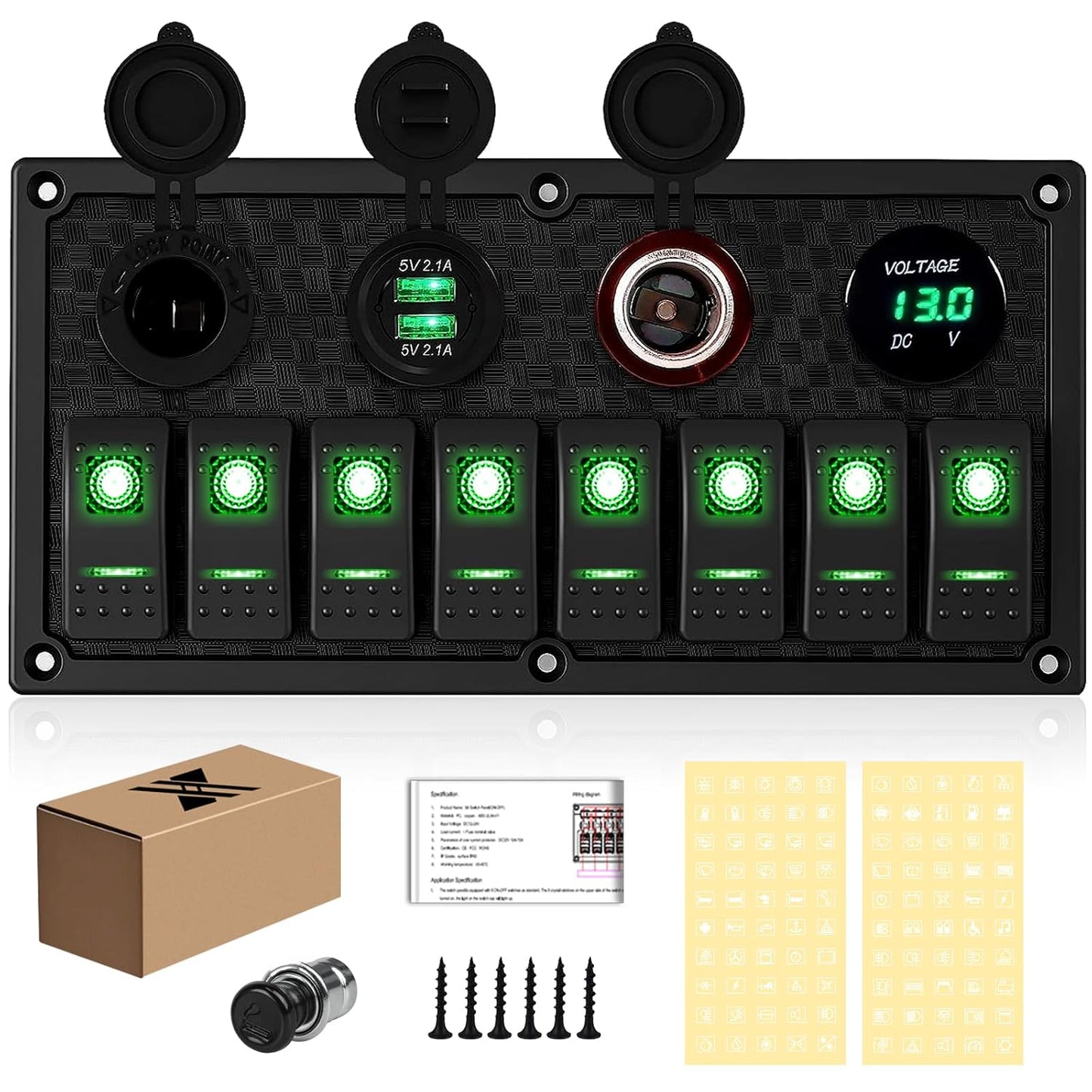 8 Gang Rocker Switch Panel with Dual USB Charger and Voltmeter