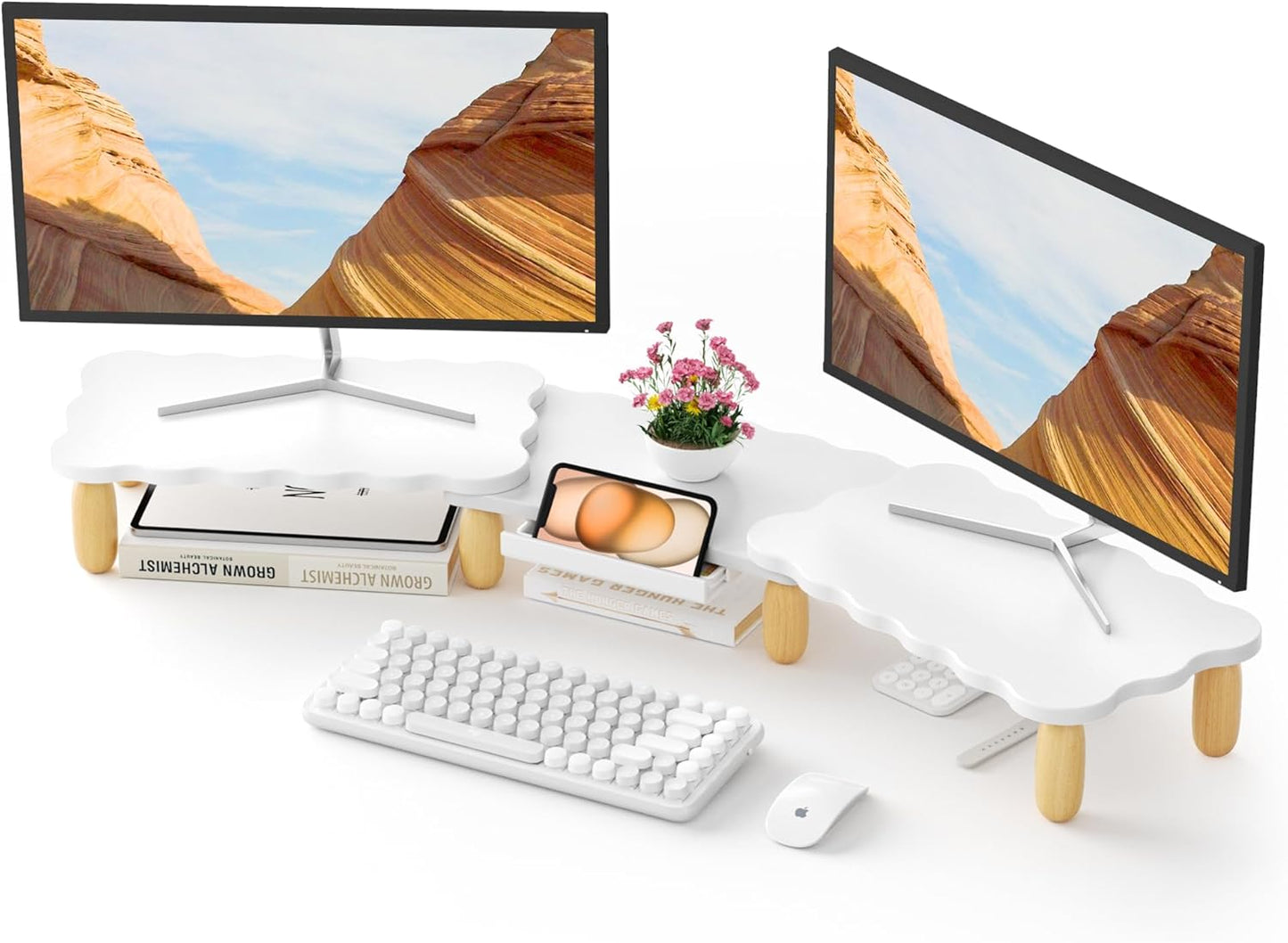 Dual Monitor Riser with Adjustable Length & Swivel Angle Design