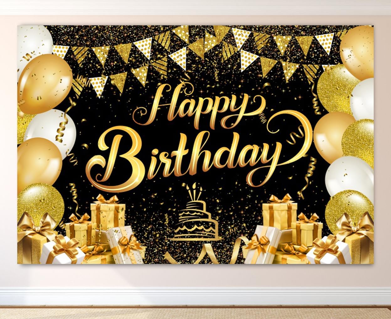 10x8ft Black Gold Happy Birthday Backdrop for Men Celebrations