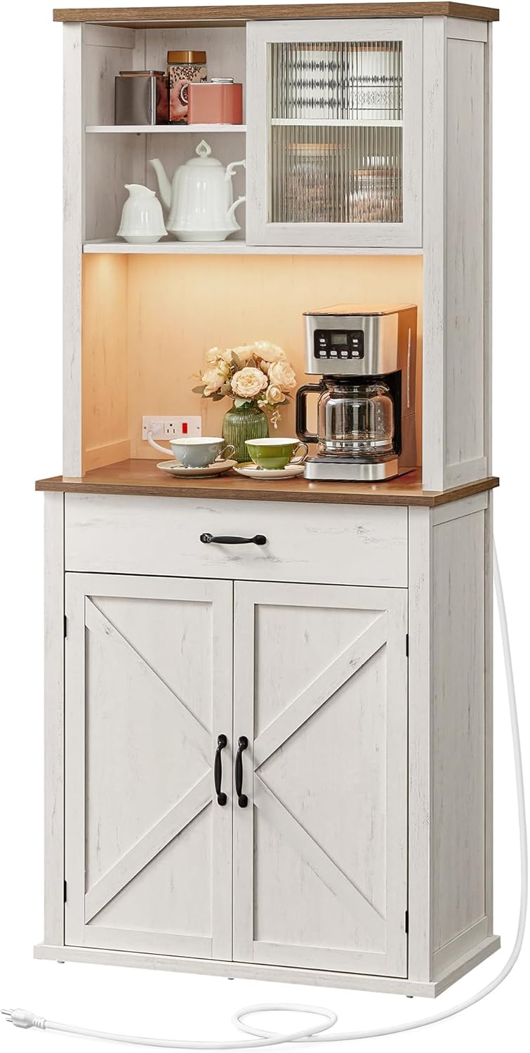 Rustic White Kitchen Pantry Cabinet ~ Lights, Charging Station & Farmhouse Style