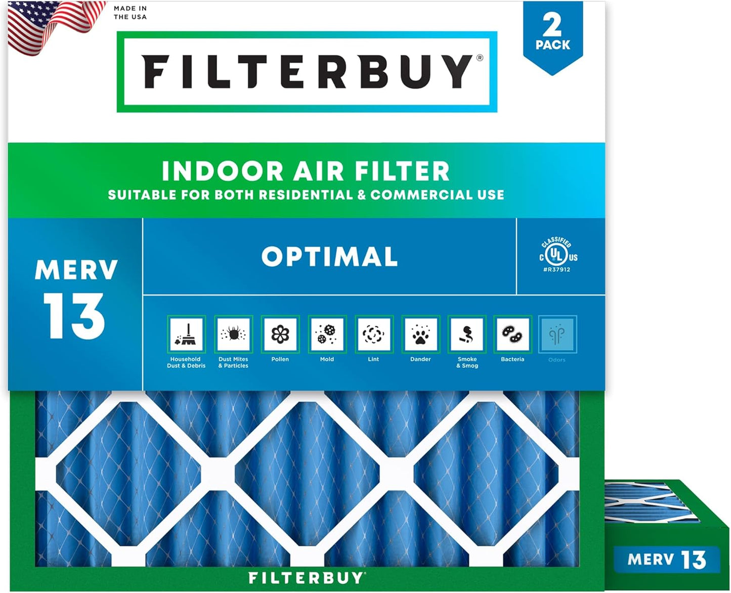 Filterbuy 10x10x2 Air Filter MERV 13 for Smoke & Allergy Defense