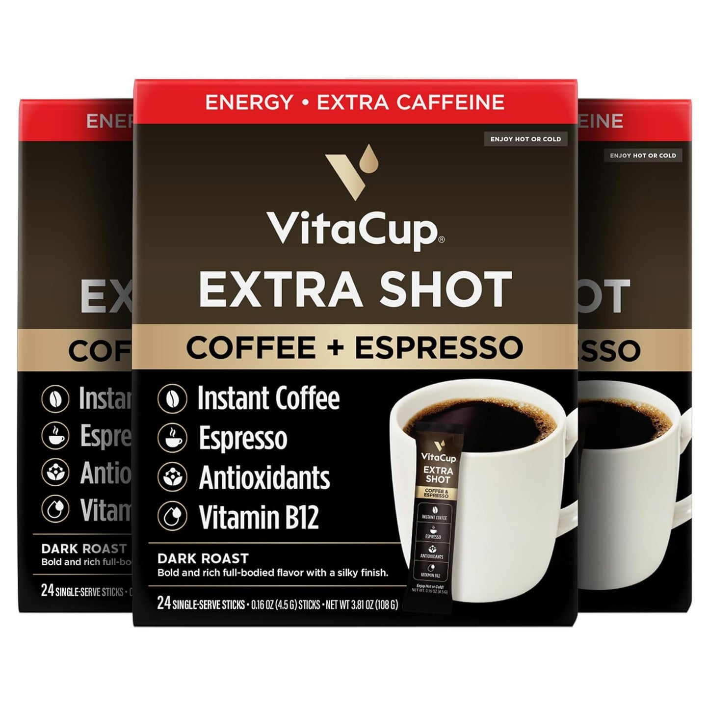 VitaCup Extra Shot Instant Coffee Packets for Bold Mornings