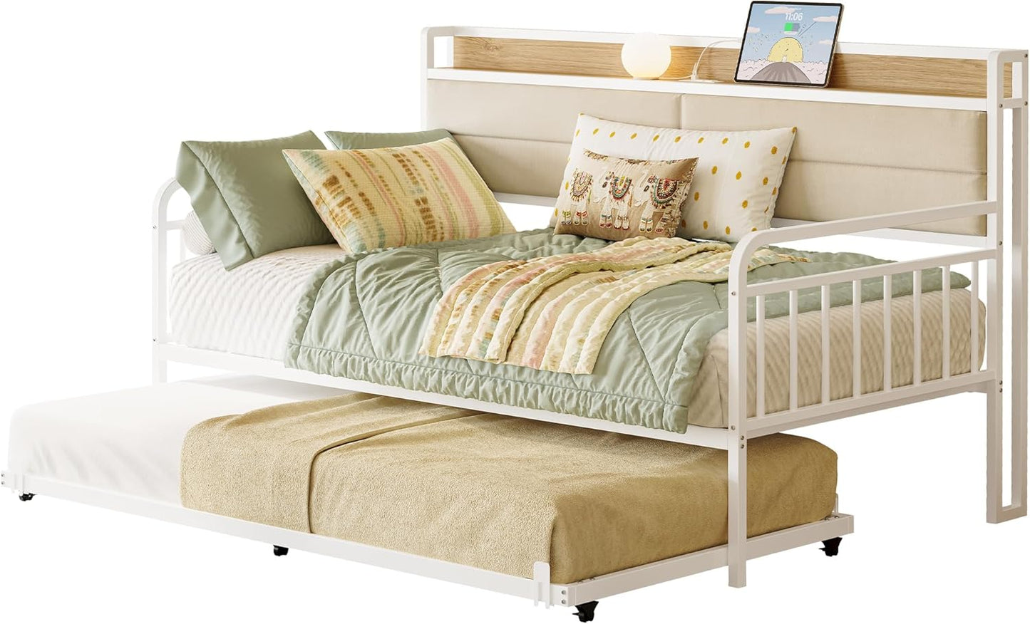 Sturdy Metal Twin Daybed with Trundle and Charging Station