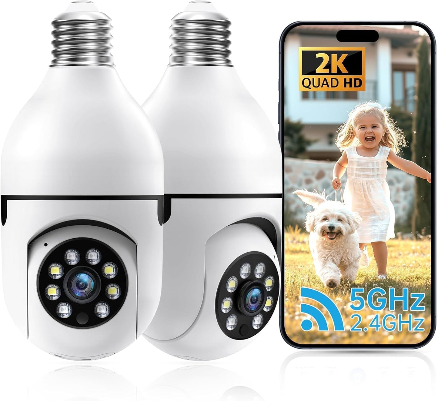 2K Light Bulb Security Camera for Home with Night Vision