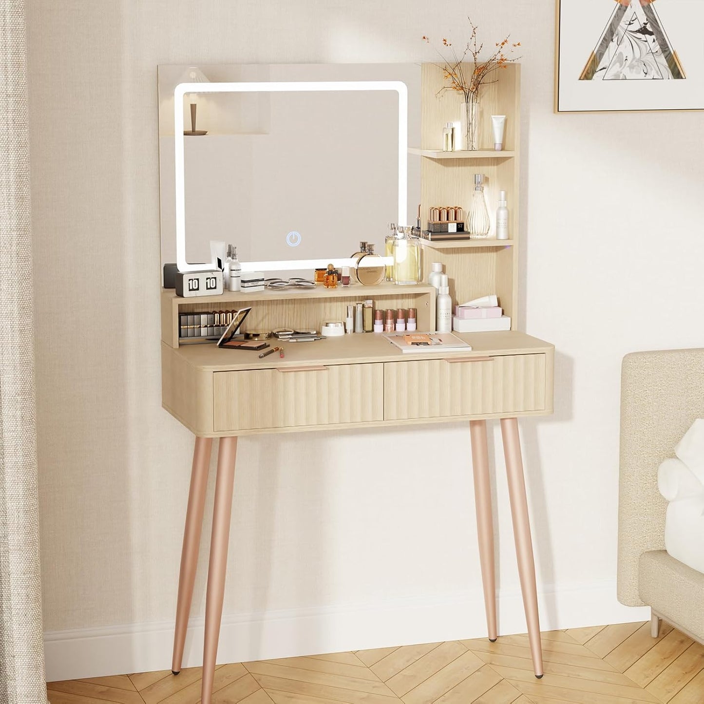 Oak Fluted Vanity Desk with Mirror & Lights - Adjustable Brightness, 3 Color Modes
