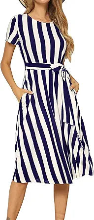 Levaca Women's Short Sleeve Striped Casual Flowy Midi Dress