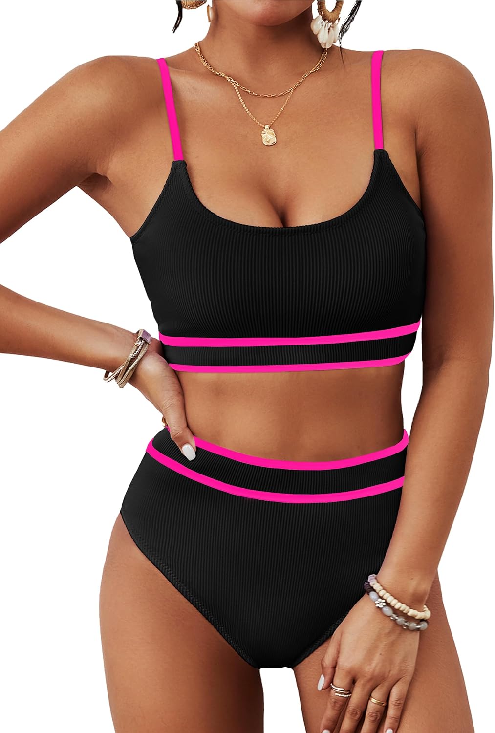 BMJL Women's High Waisted Bikini Ribbed Two Piece Swimsuit
