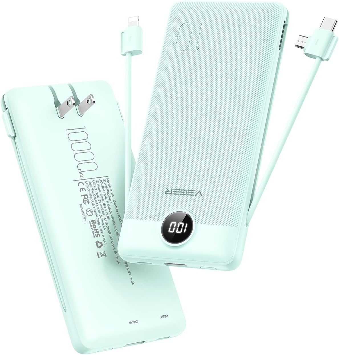 VEGER Slim Fast Charger: Built-In Cables, Wall Plug, 10000mAh