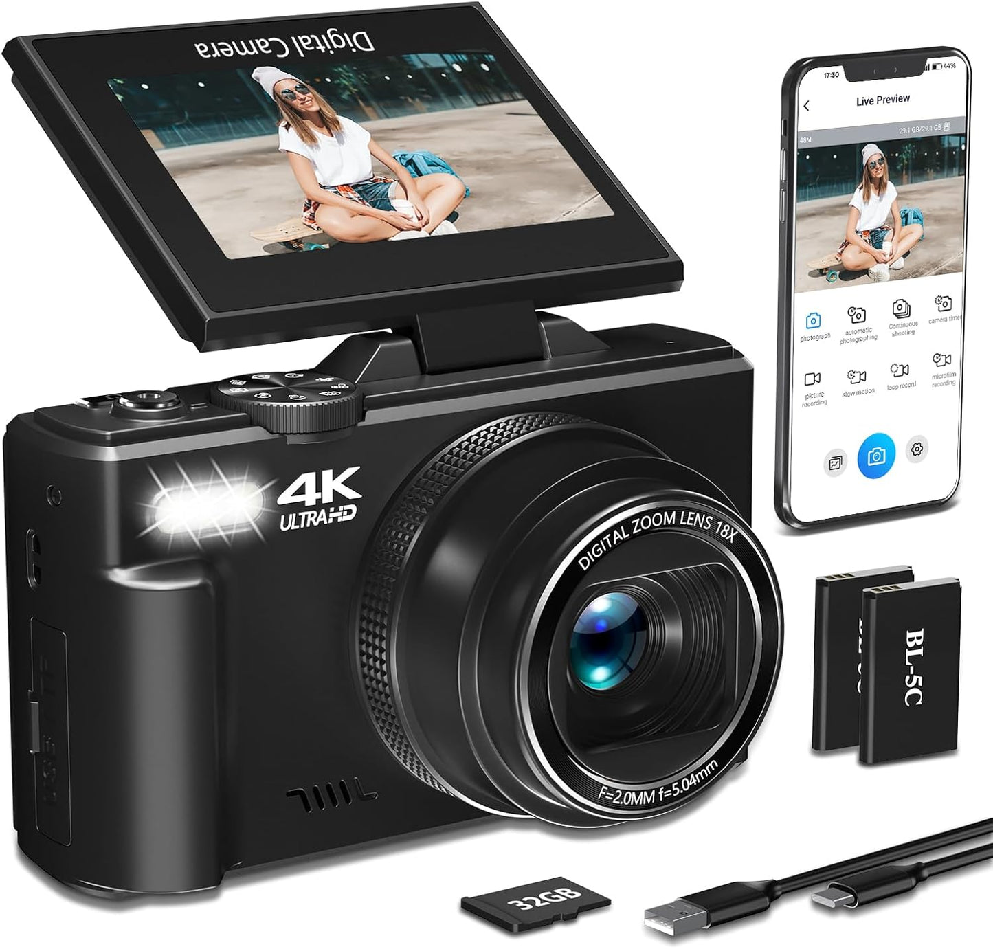 4K Digital Camera for Photography with 64MP Vlogging Features