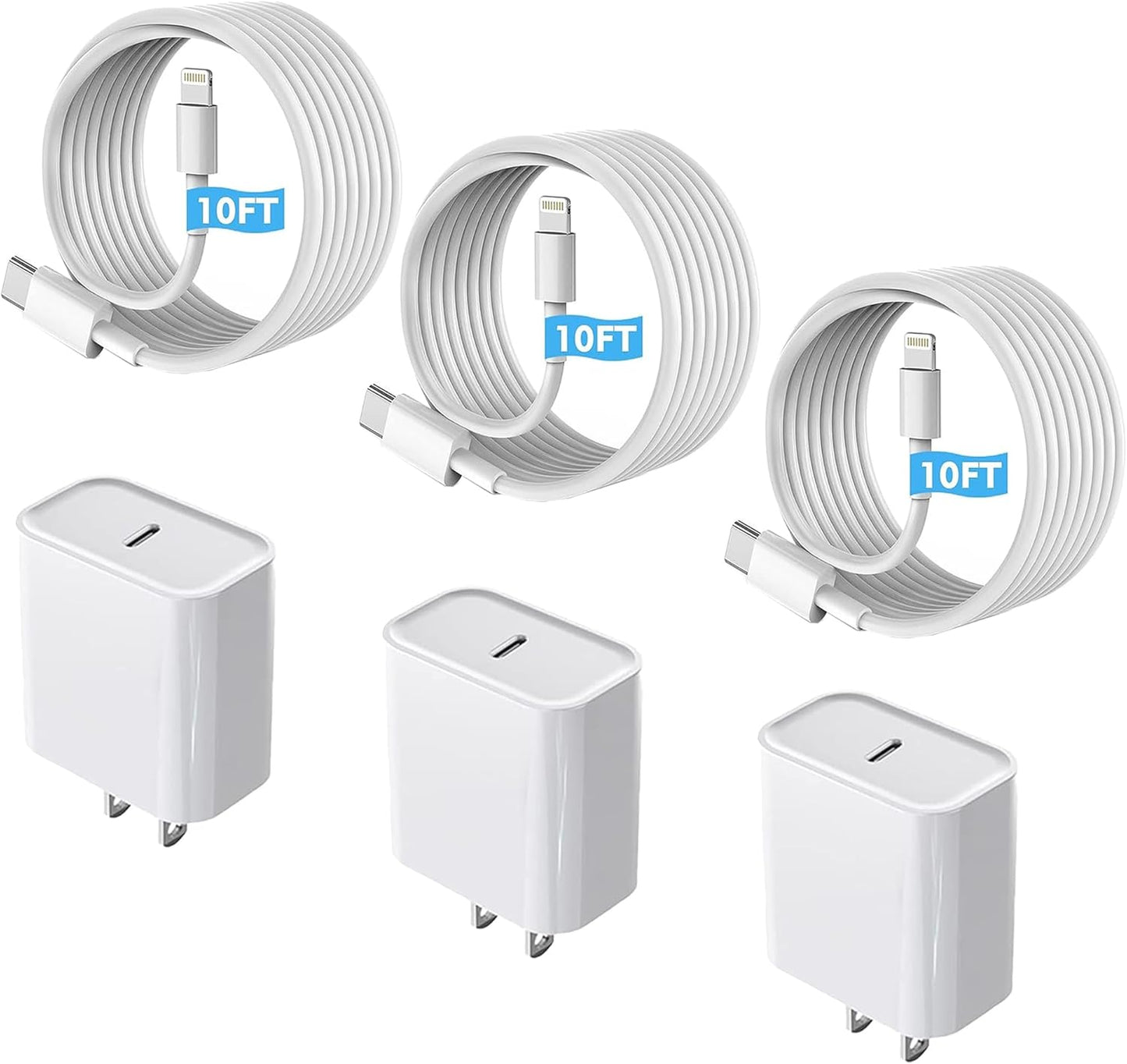 Fast Charger iPhone 3Pack with 10ft USB C Lightning Cable